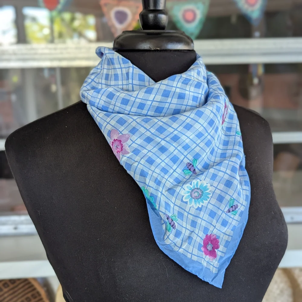 Vintage 80s Elaine Gold Silk Floral Blue Checkered Scarf Cottagecore Boho